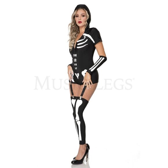 Sexy Skeleton 3 Pc Halloween Front Zip Skeleton Romper Costume Set Size M/L - Picture 3 of 7